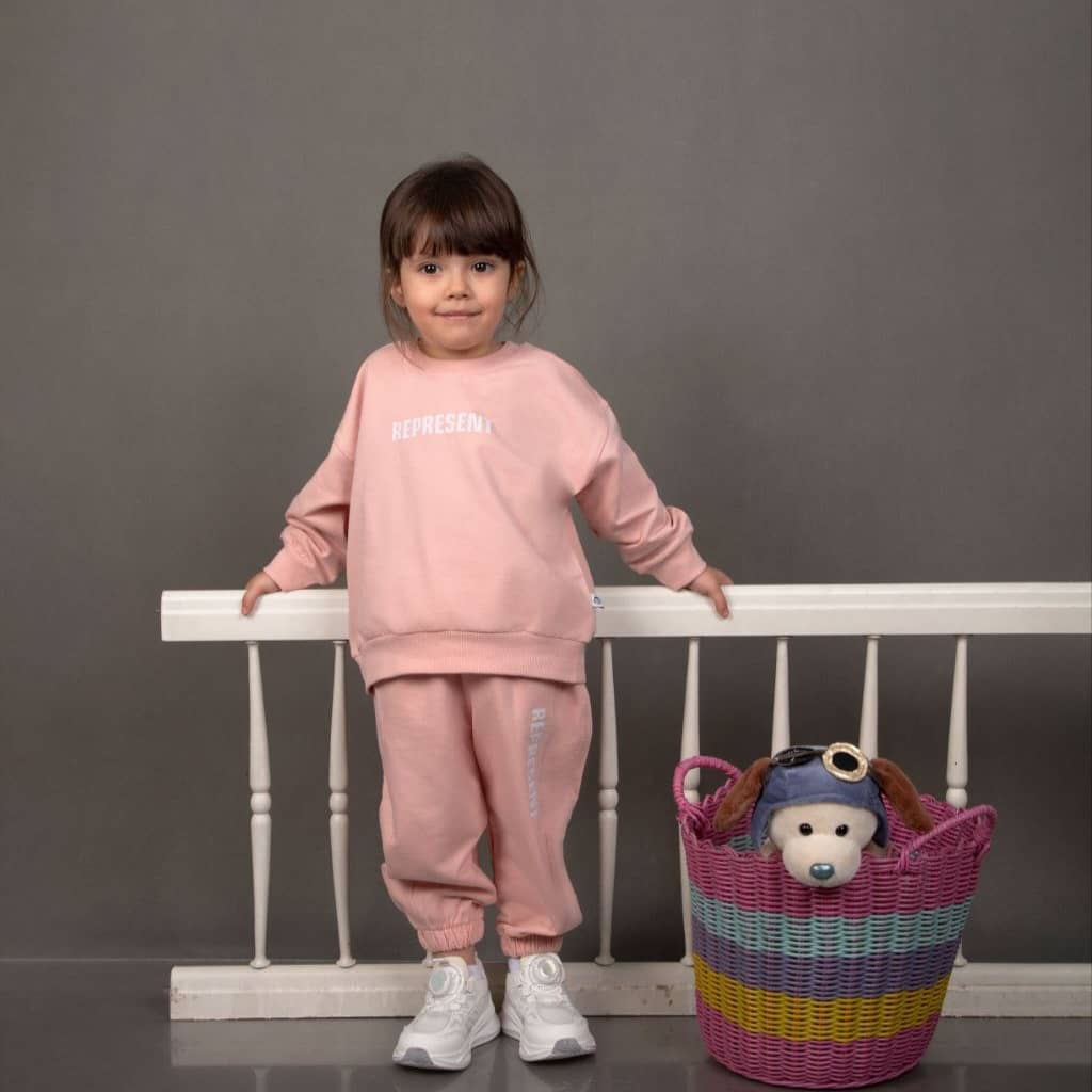 ست دورس شلوار دخترانه طرح REPRESENT رنگ گلبهی رزگلد | سایز 7 الی 10 سال