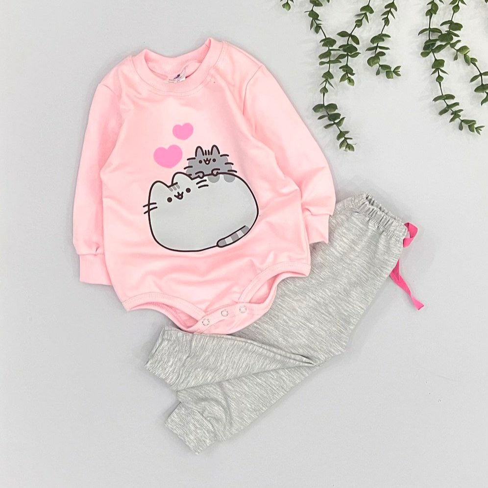 ست بادی شلوار دخترانه طرح گربه جنس دورس دو نخ فول پنبه | سایز 6 تا 36 ماه