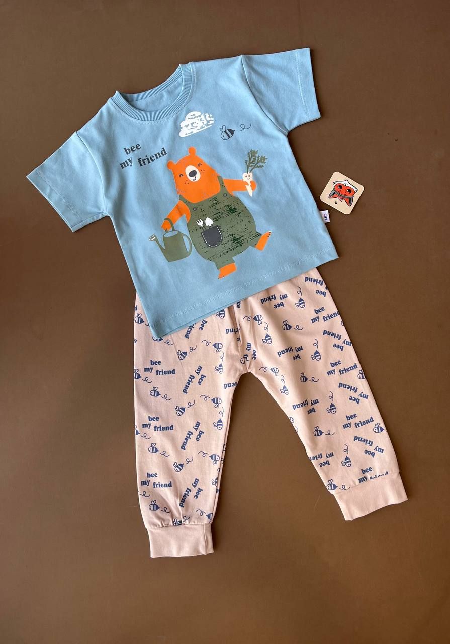 ست راحتی تیشرت و شلوار بچگانه  طرح خرسی جنس نخ پنبه | سایز ۱ تا ۴ سال