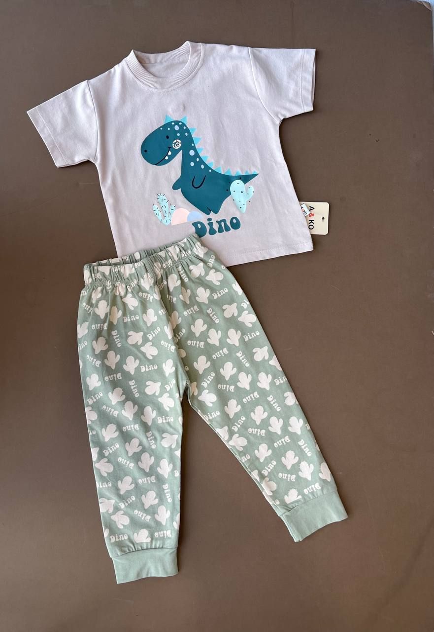 ست راحتی تیشرت و شلوار دخترانه طرح دایناسور جنس نخ پنبه | سایز ۱ تا ۴ سال