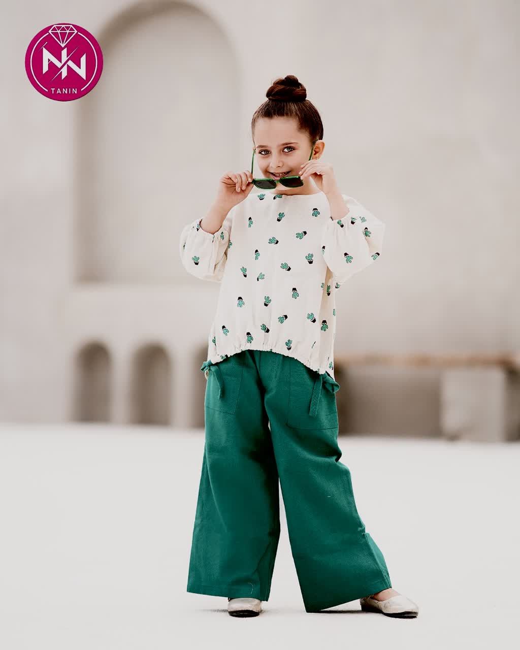 ست بلوز و شلوار دخترانه طرح کاکتوس رنگ سبز /سایز ۴ تا ۸ سال