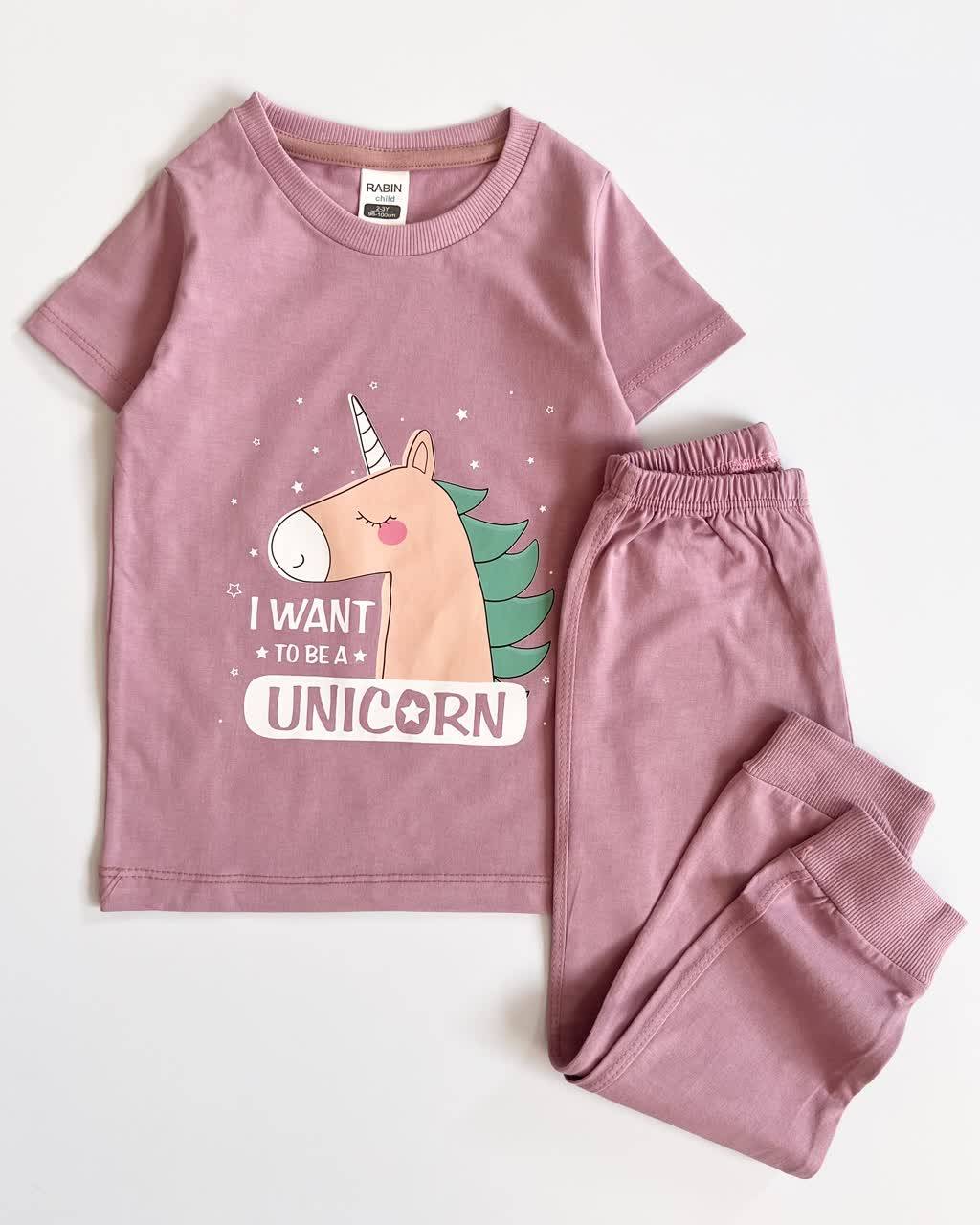 ست تیشرت و شلوار راحتی دخترانه صورتی طرح اسب تک شاخ | سایز 2 تا 11 سال