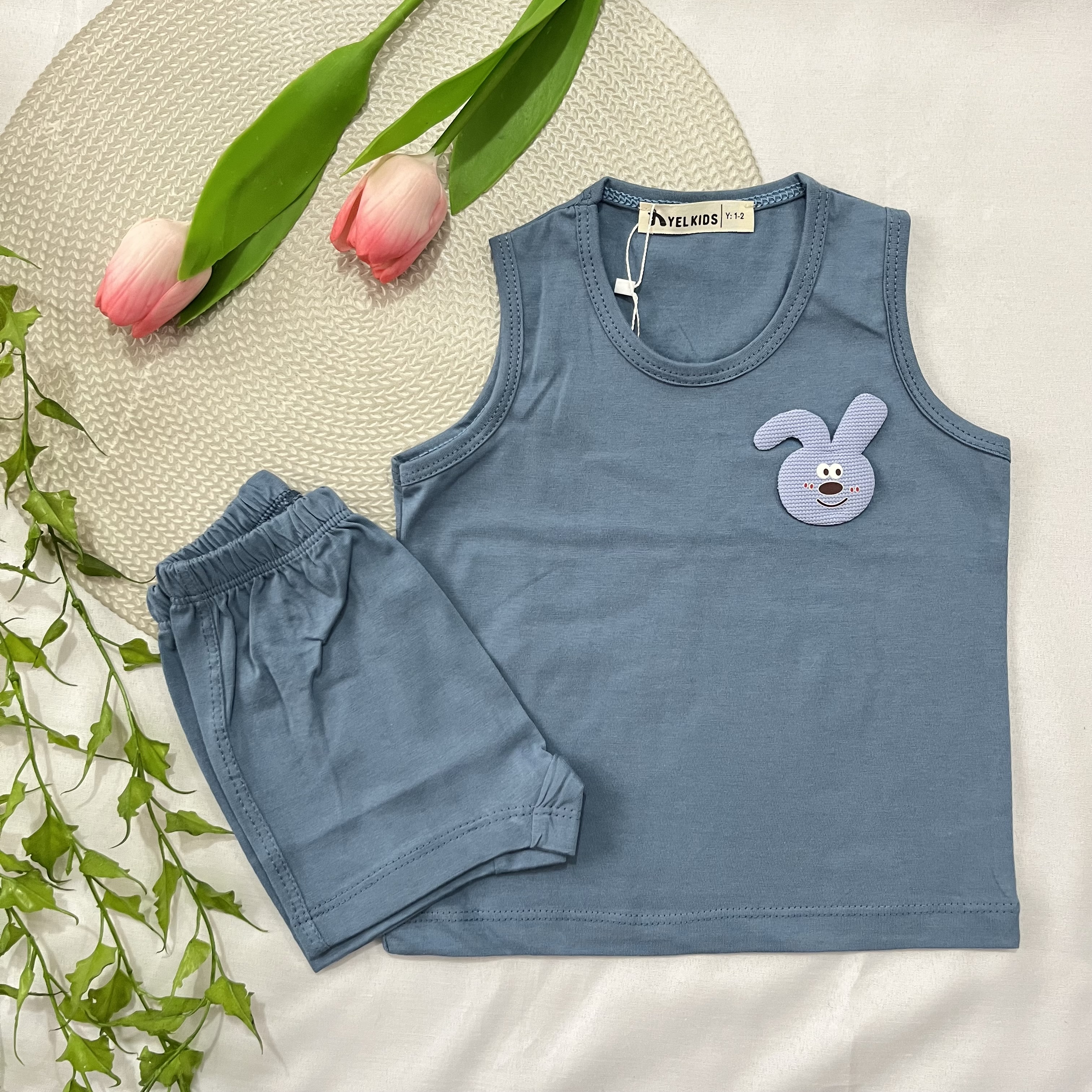 ست رکابی شورتک بچگانه رنگ آبی فیلی طرح عروسک دار جنس پنبه یکرو لاکرادار | سایز ۳۵ تا ۵۰