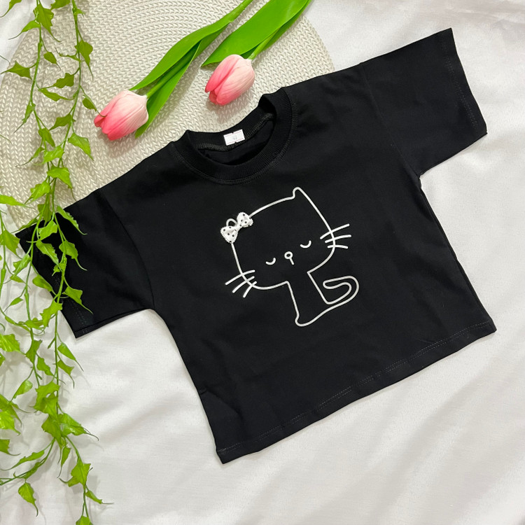 کراپ تک دخترانه طرح گربه جنس پنبه یکرو در ۵ رنگ | سایز ۴۰ و ۴۵