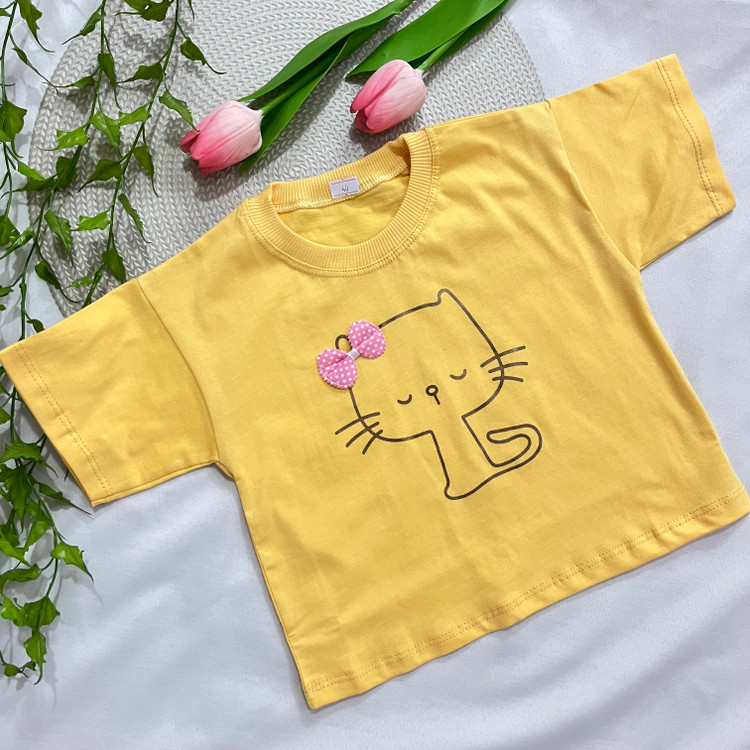کراپ تک دخترانه طرح گربه جنس پنبه یکرو در ۵ رنگ | سایز ۴۰ و ۴۵