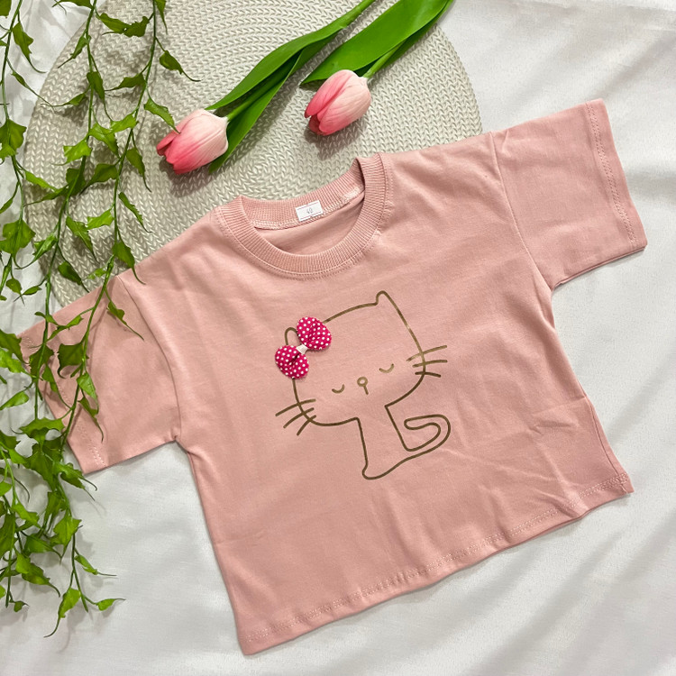 کراپ تک دخترانه طرح گربه جنس پنبه یکرو در ۵ رنگ | سایز ۴۰ و ۴۵