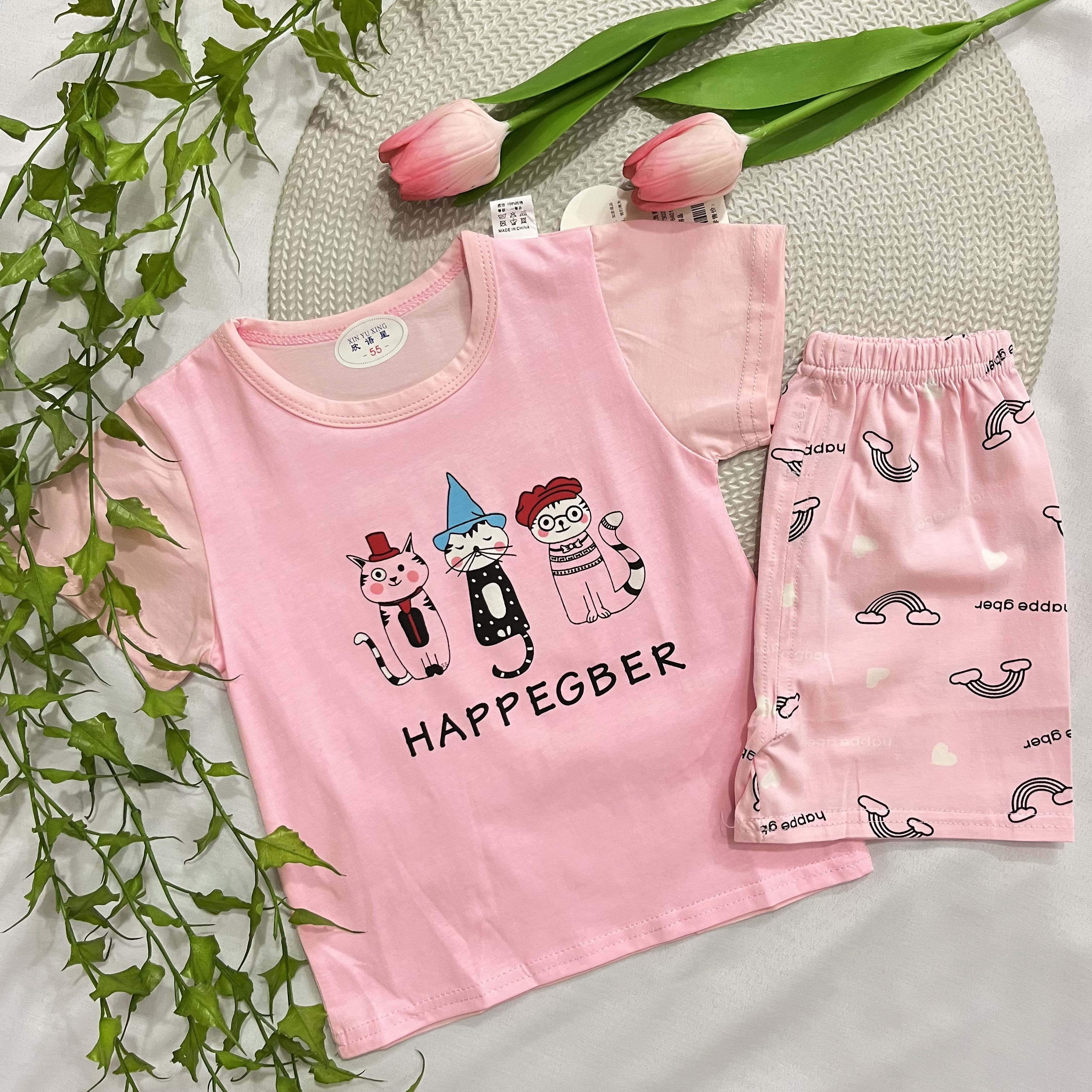 ست تیشرت و شلوارک دخترانه وارداتی طرح گربه جنس نخ پنبه | سایز ۱ تا ۴ سال