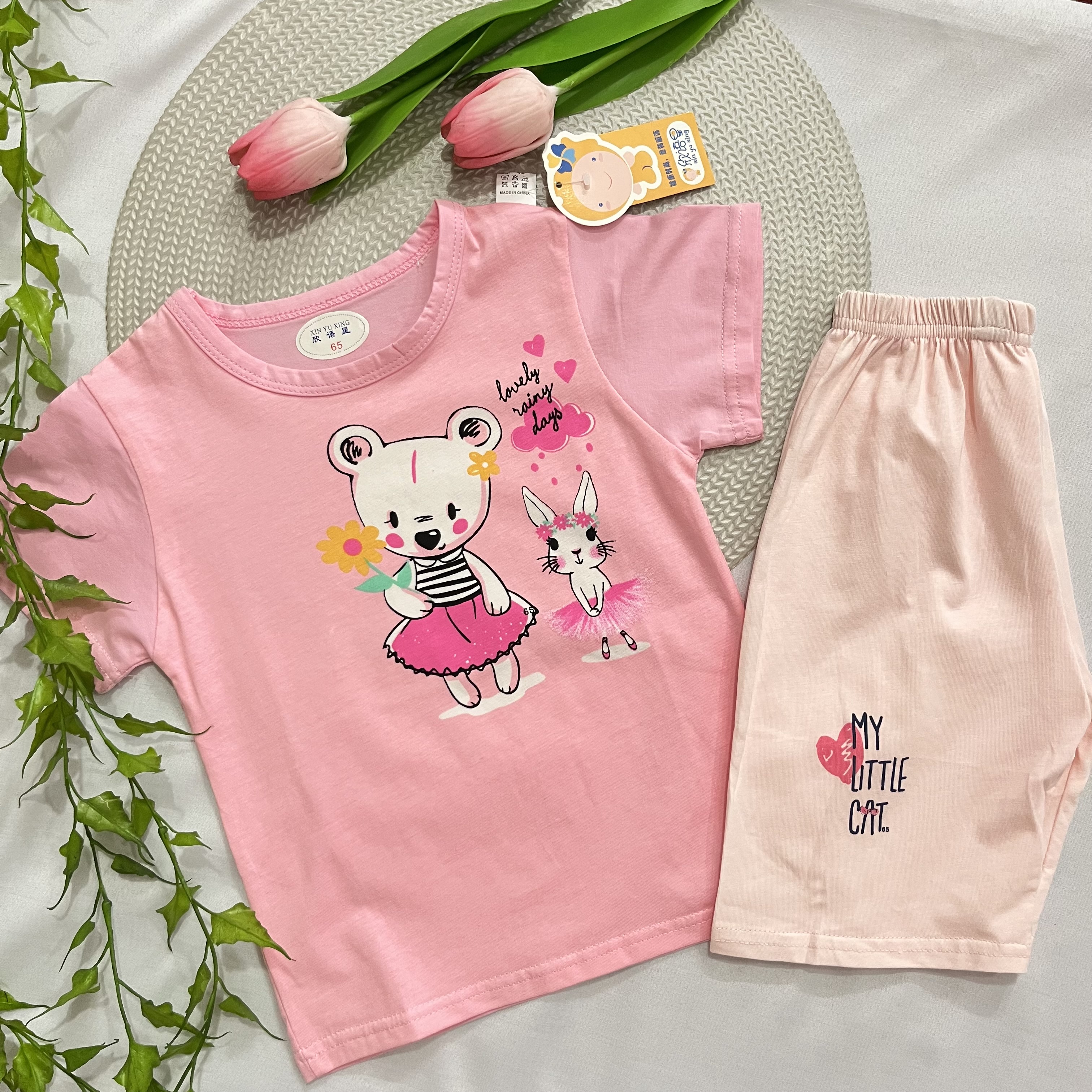 ست تیشرت و شلوارک دخترانه وارداتی طرح موش و خرگوش جنس نخ پنبه | سایز ۱ تا ۴ سال