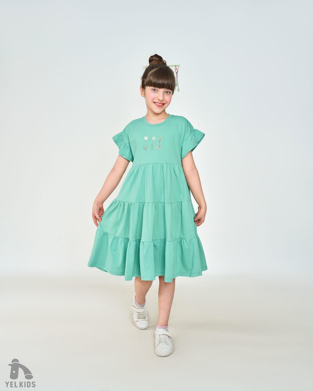 پیراهن دخترانه جنس رنگ سبز صدفی و کالباسی | سایز ۵ تا ۱۰ سال