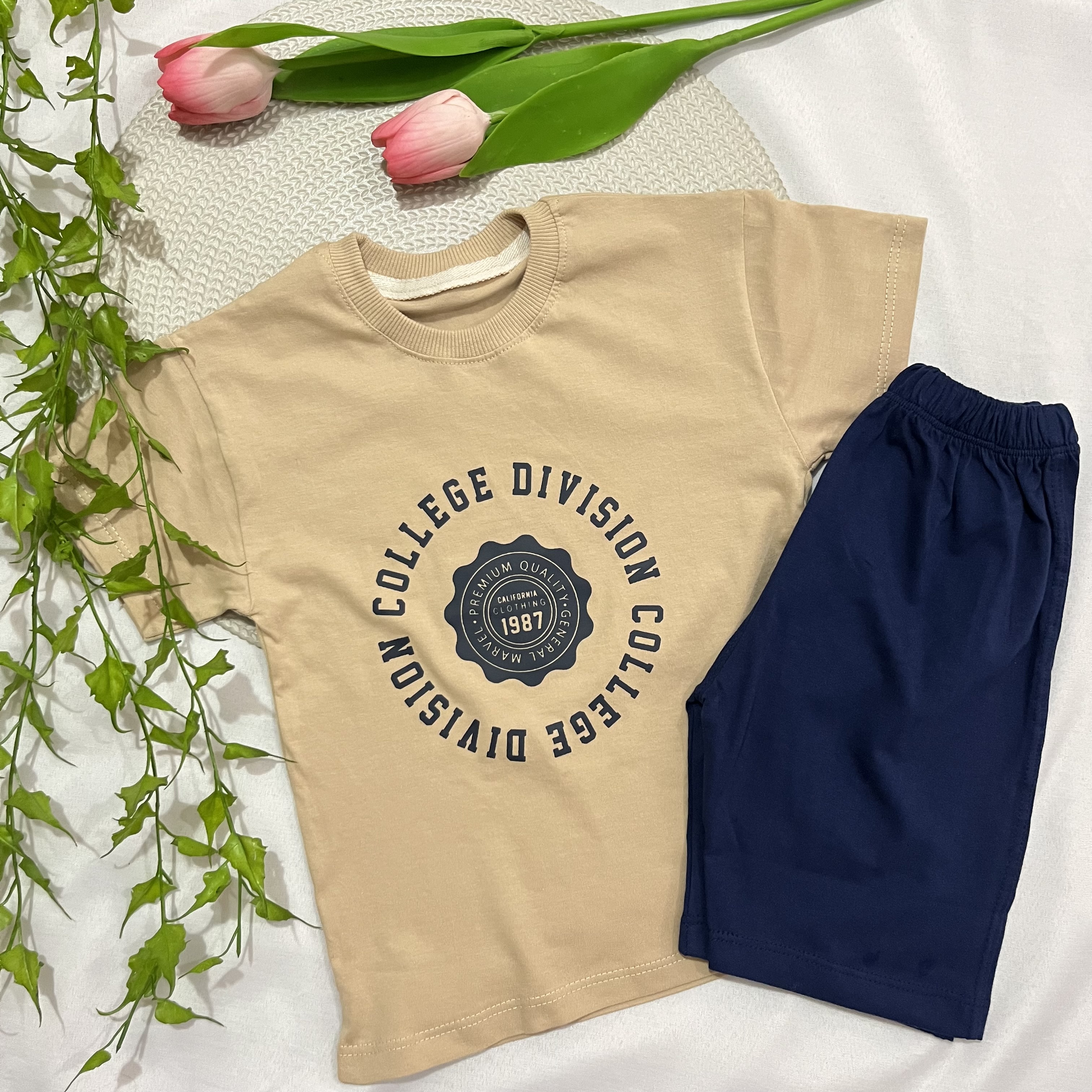 ست تیشرت شلوارک اسپرت بچگانه طرح ۱۹۸۷ جنس نخ پنبه /سایز ۴۰ تا ۵۵