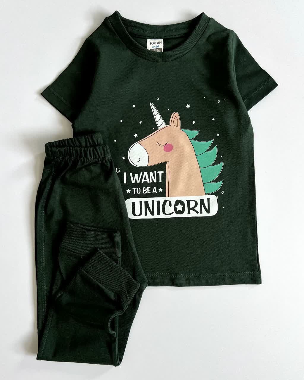 ست تیشرت و شلوار راحتی دخترانه رنگ سبز یشمی طرح اسب تک شاخ | سایز 2 تا 11 سال
