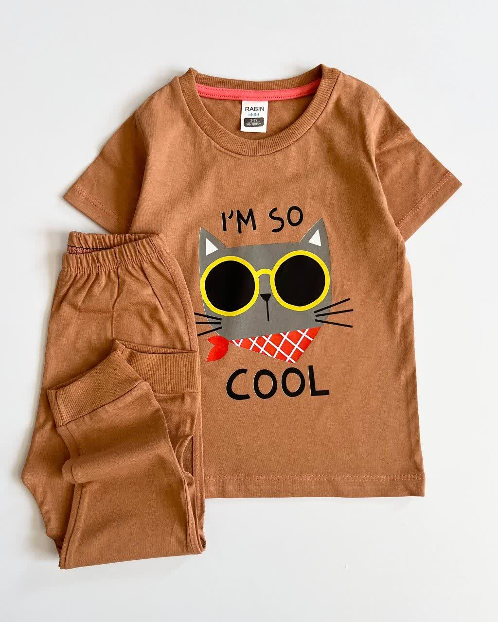 ست تیشرت و شلوار راحتی دخترانه طرح گربه cool | سایز 2 تا 11 سال