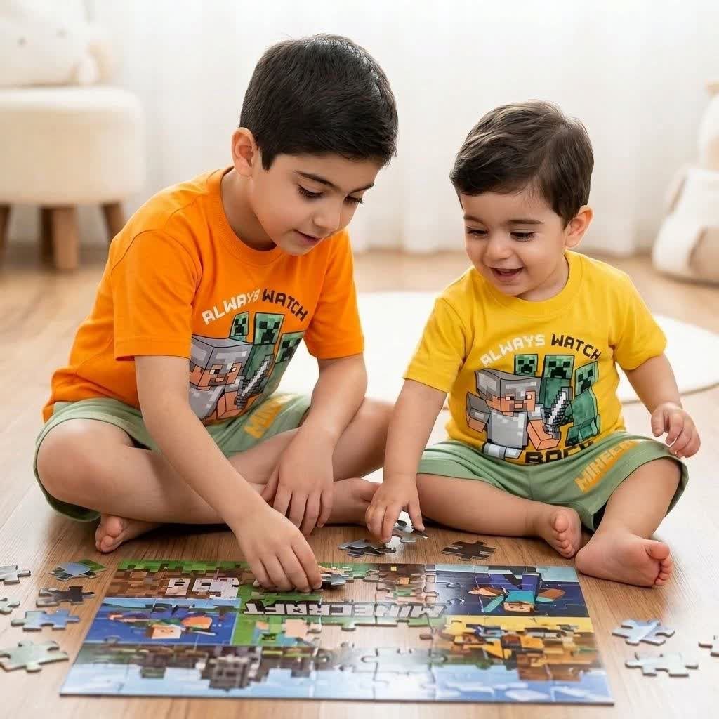 ست تیشرت و شلوارک بچگانه طرح ماینکرفت جنس پنبه یکرو لاکرا دار| سایز ۴۰ تا ۵۵