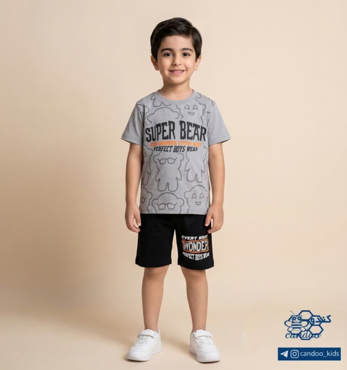 ست تیشرت و شلوارک بچگانه طرح super bear جنس پنبه یکرو لاکرا دار| سایز ۴۰ تا ۵۵