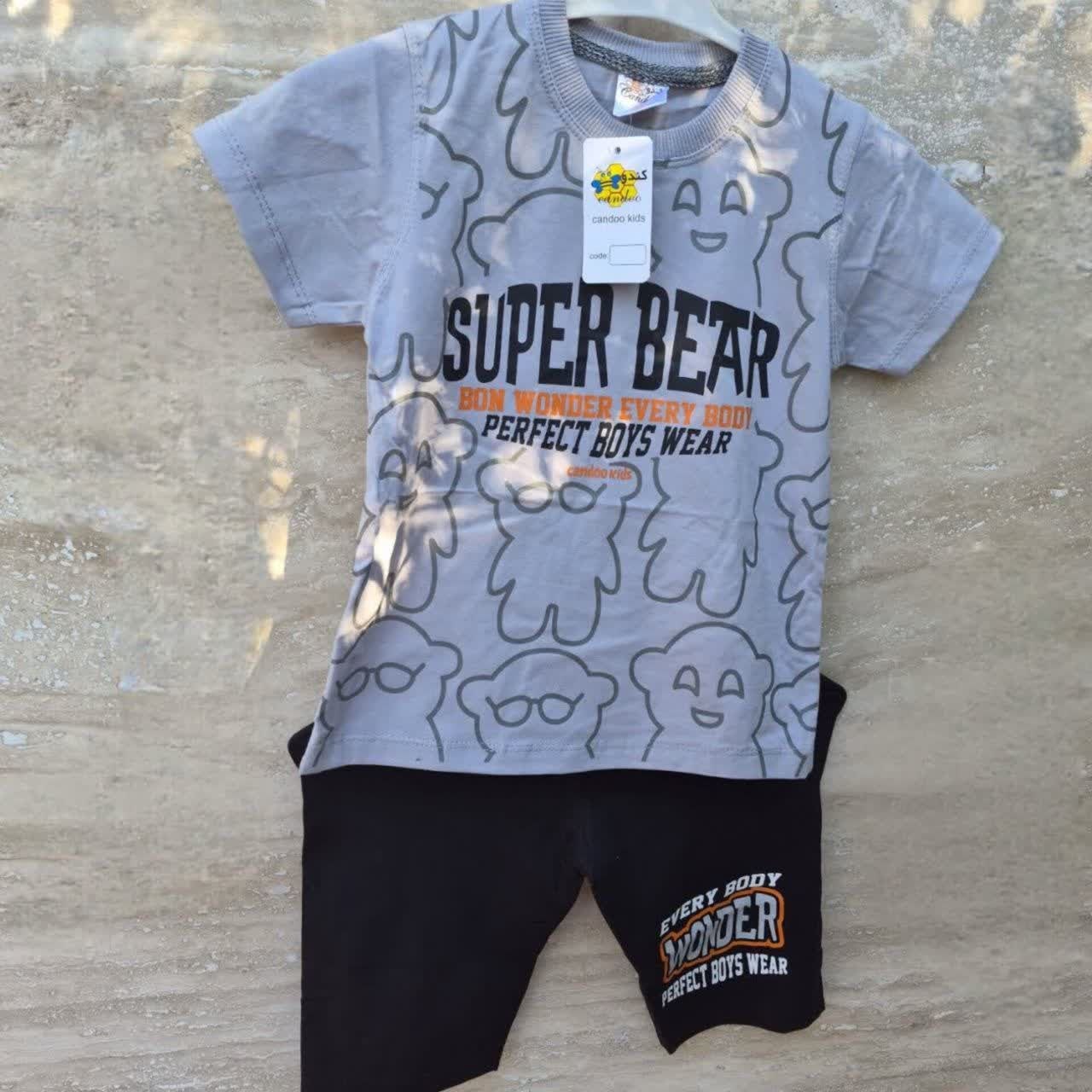 ست تیشرت و شلوارک بچگانه طرح super bear جنس پنبه یکرو لاکرا دار| سایز ۴۰ تا ۵۵