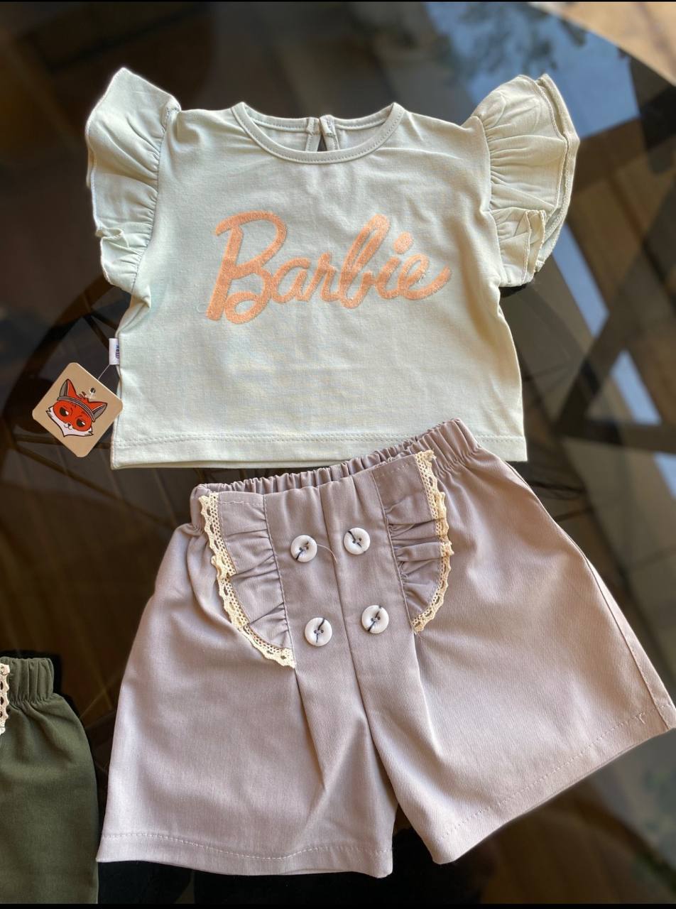ست تیشرت شلوارک دخترانه طرح Barbie رنگ تیشرت سبز پاستلی/ سایز 1 تا 4 سال