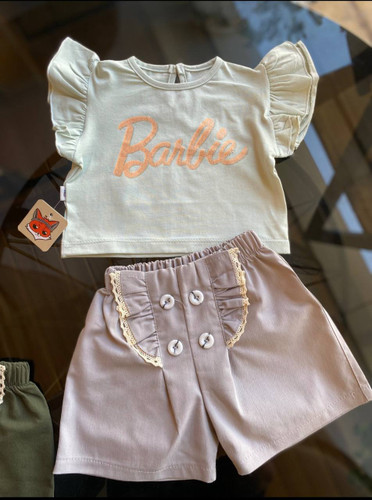 ست تیشرت شلوارک دخترانه طرح Barbie رنگ تیشرت سبز پاستلی/ سایز 1 تا 4 سال
